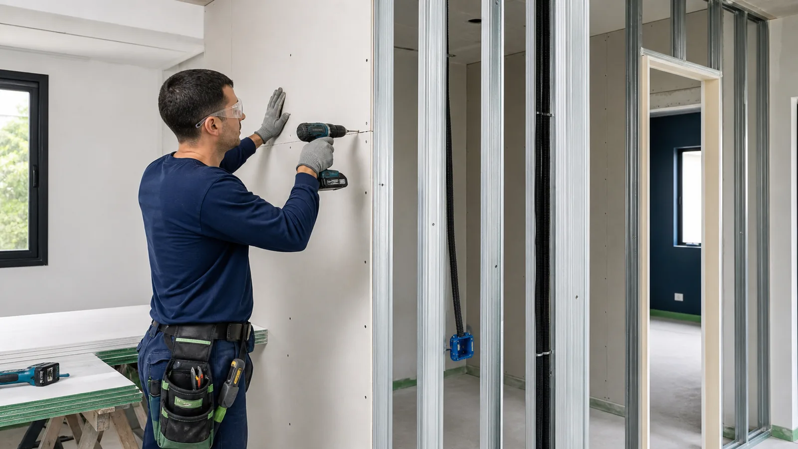 Instalador fixa chapa em uma parede de drywall com estrutura metálica e passagem elétrica planejada