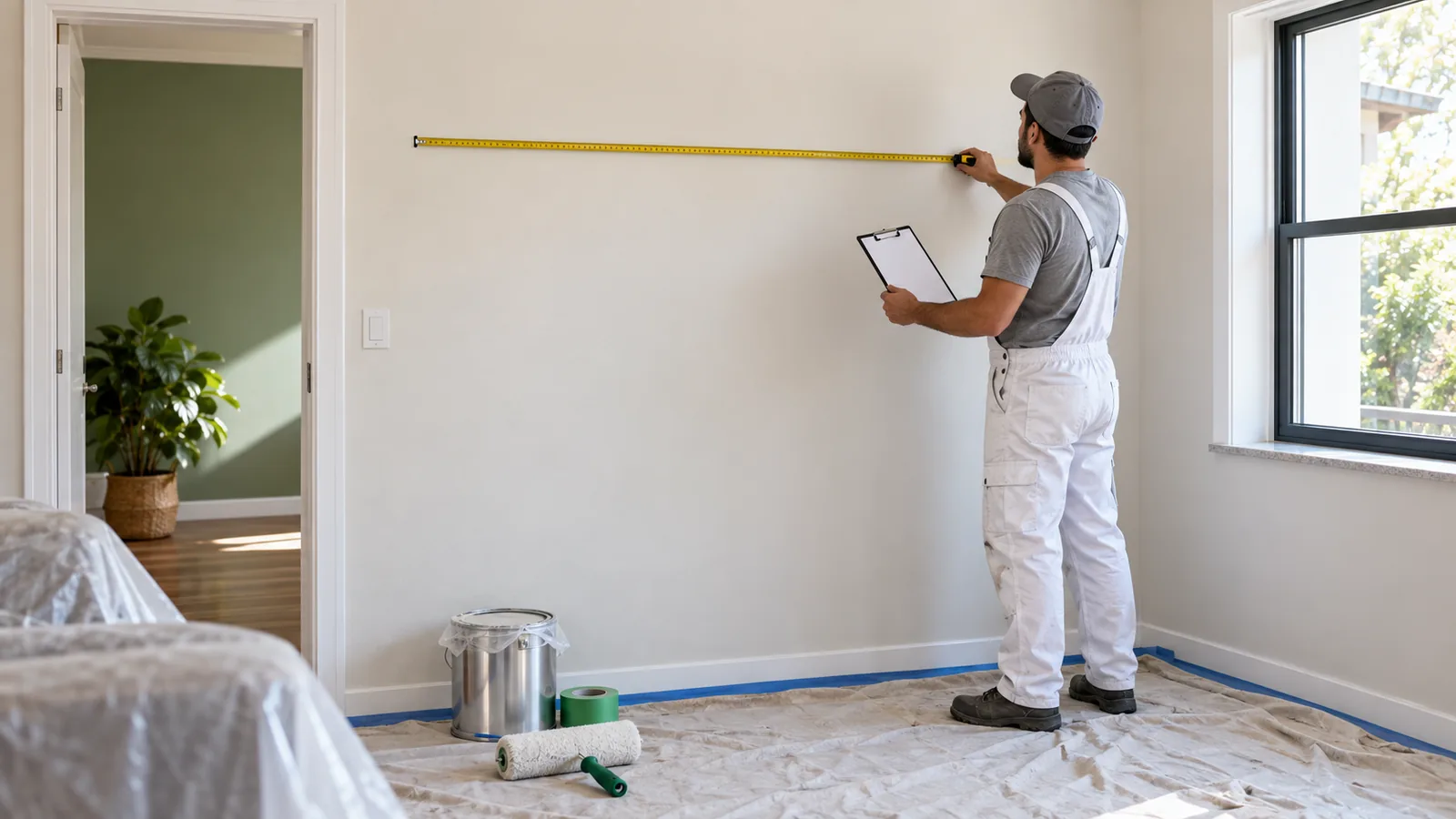 Profissional mede uma parede com porta e janela antes de preparar orçamento de pintura