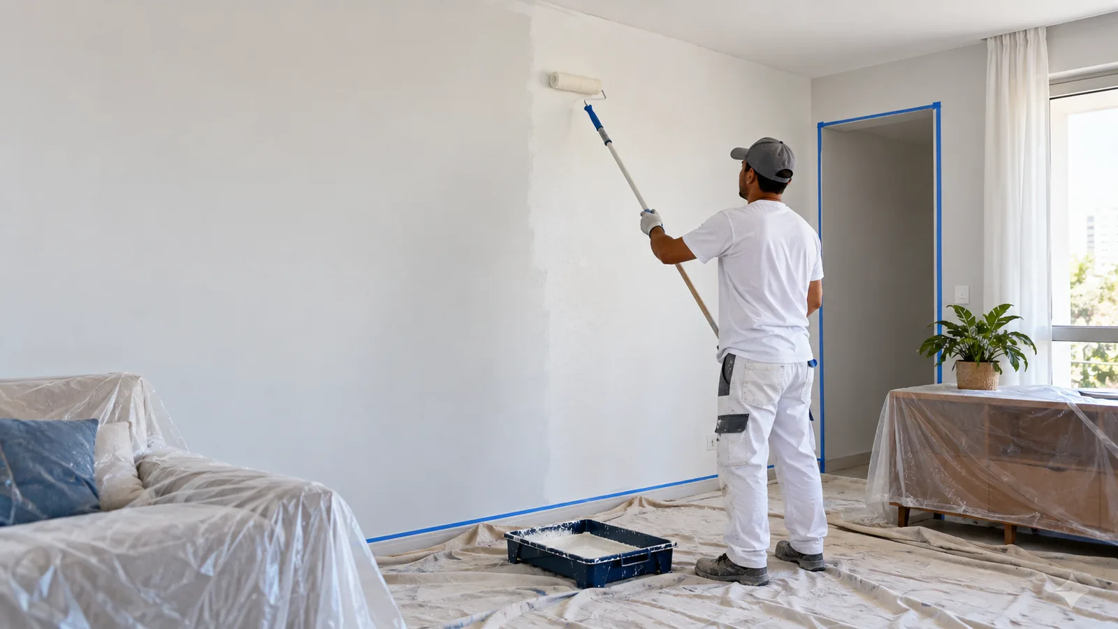 Pintor aplica tinta clara com rolo em parede de sala com piso e móveis protegidos