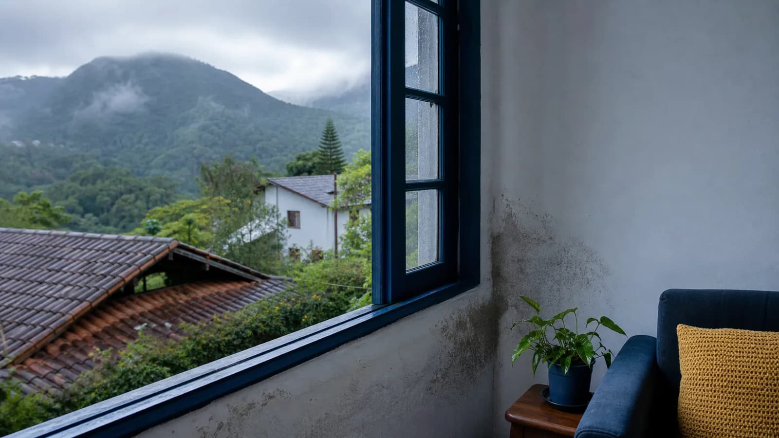 Parede com umidade perto da janela em casa com montanhas e chuva em Teresópolis