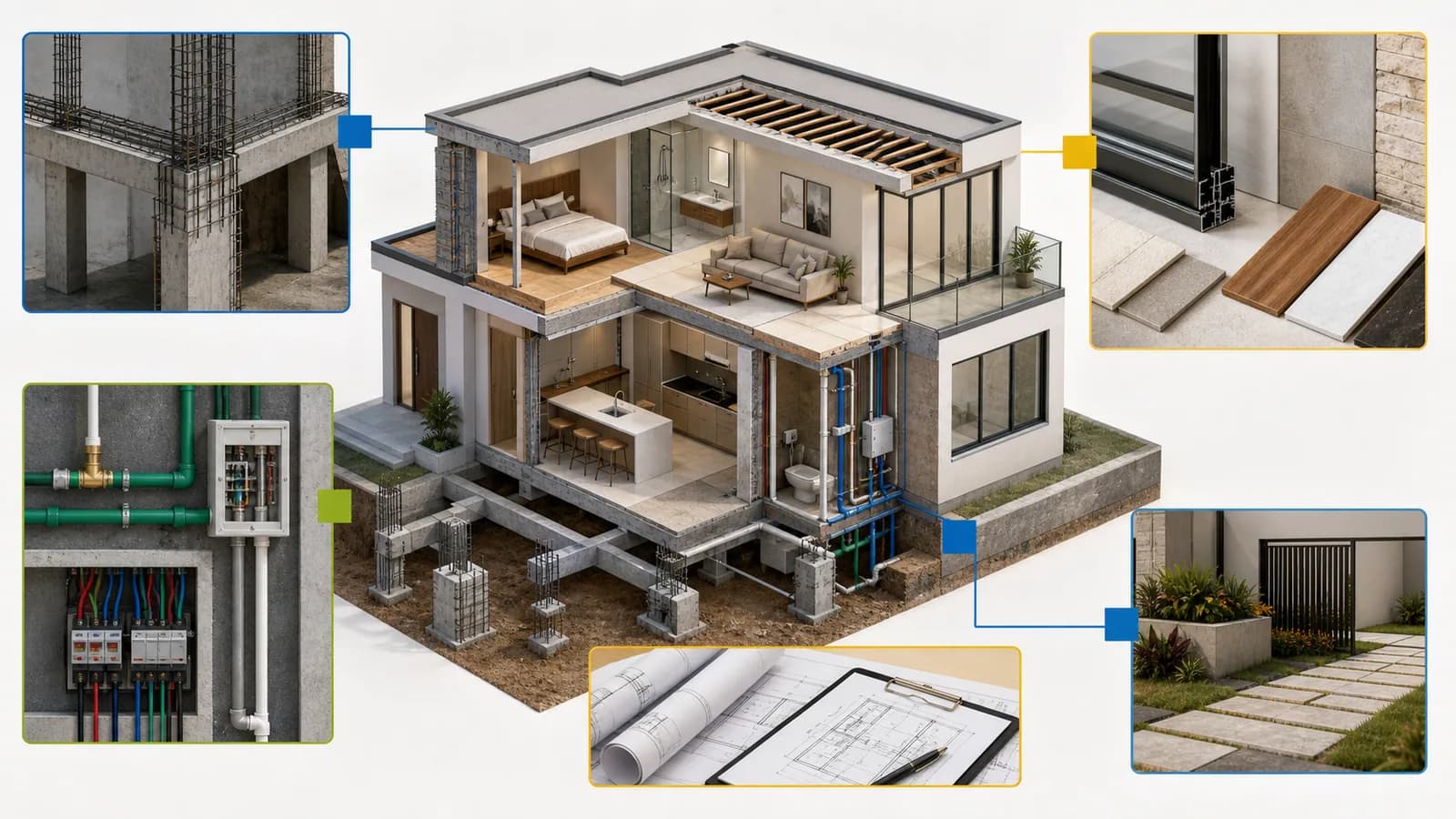 Casa em corte com estrutura, instalações, acabamentos, área externa e projetos destacados
