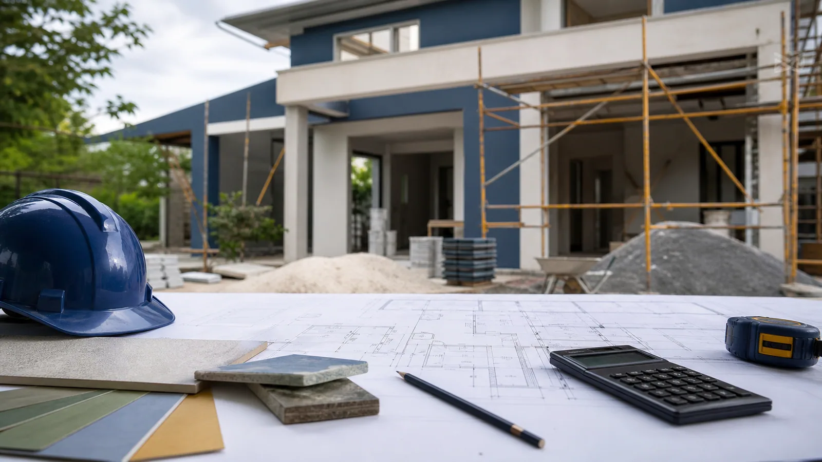 Planta, calculadora, amostras e capacete diante de uma casa em construção