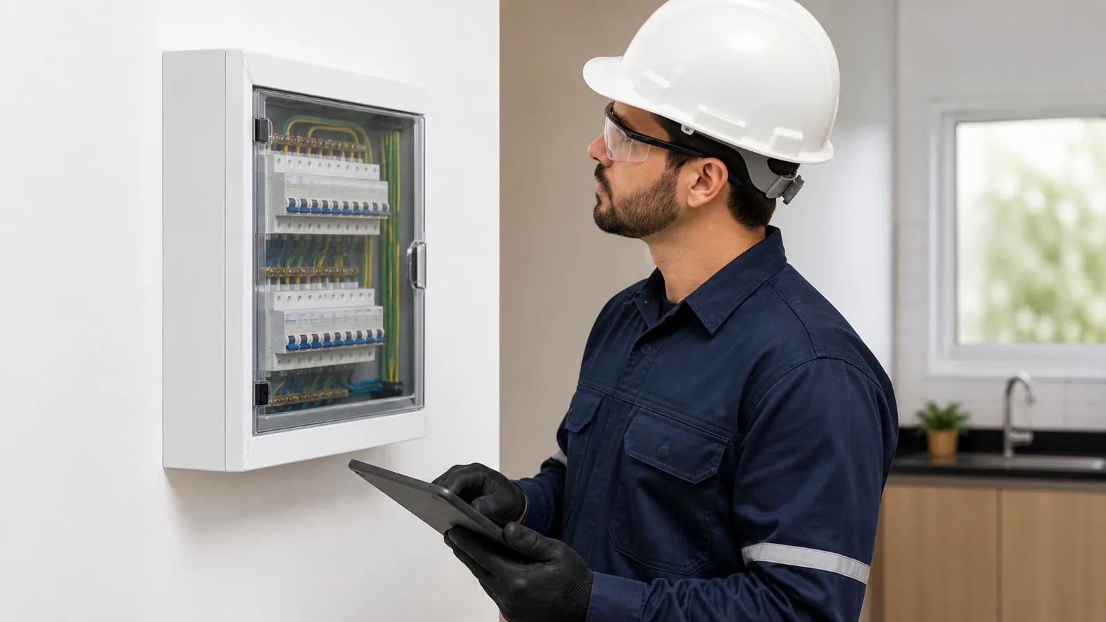 Eletricista inspecionando um quadro residencial protegido por tampa transparente