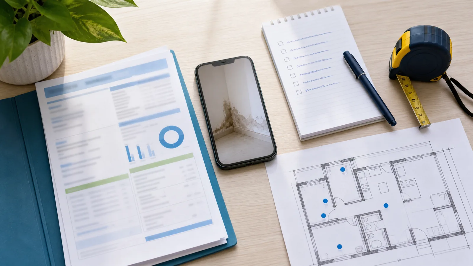Conta sem dados pessoais, foto de umidade, checklist e planta usados para preparar pedido de caça-vazamento