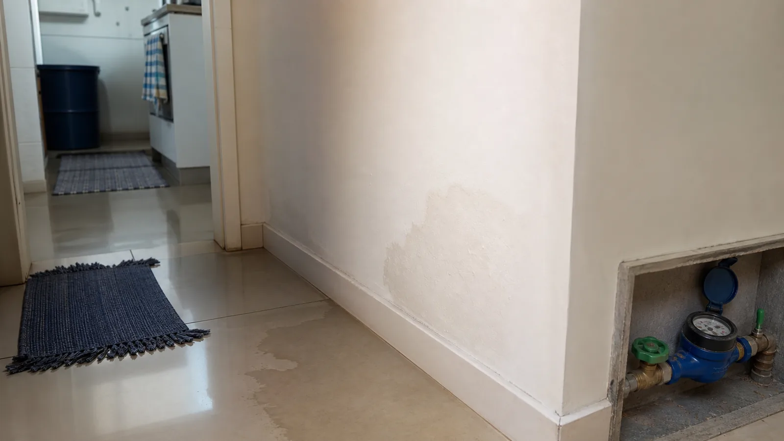 Corredor residencial com umidade discreta na parede e no piso próximo a um hidrômetro