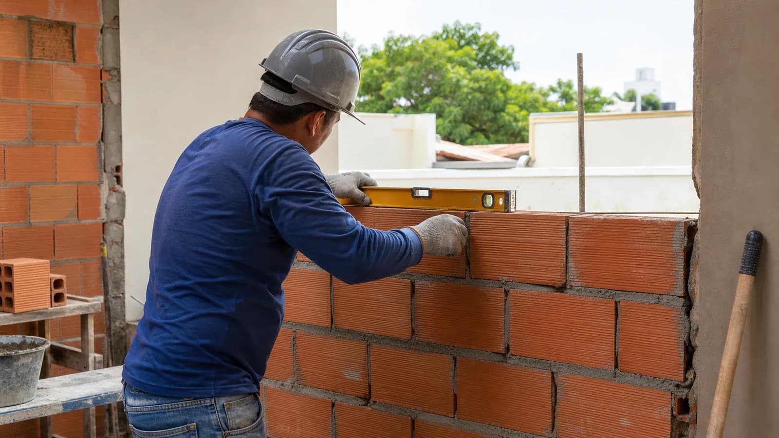 Pedreiro confere o nível de uma parede de alvenaria em uma reforma residencial