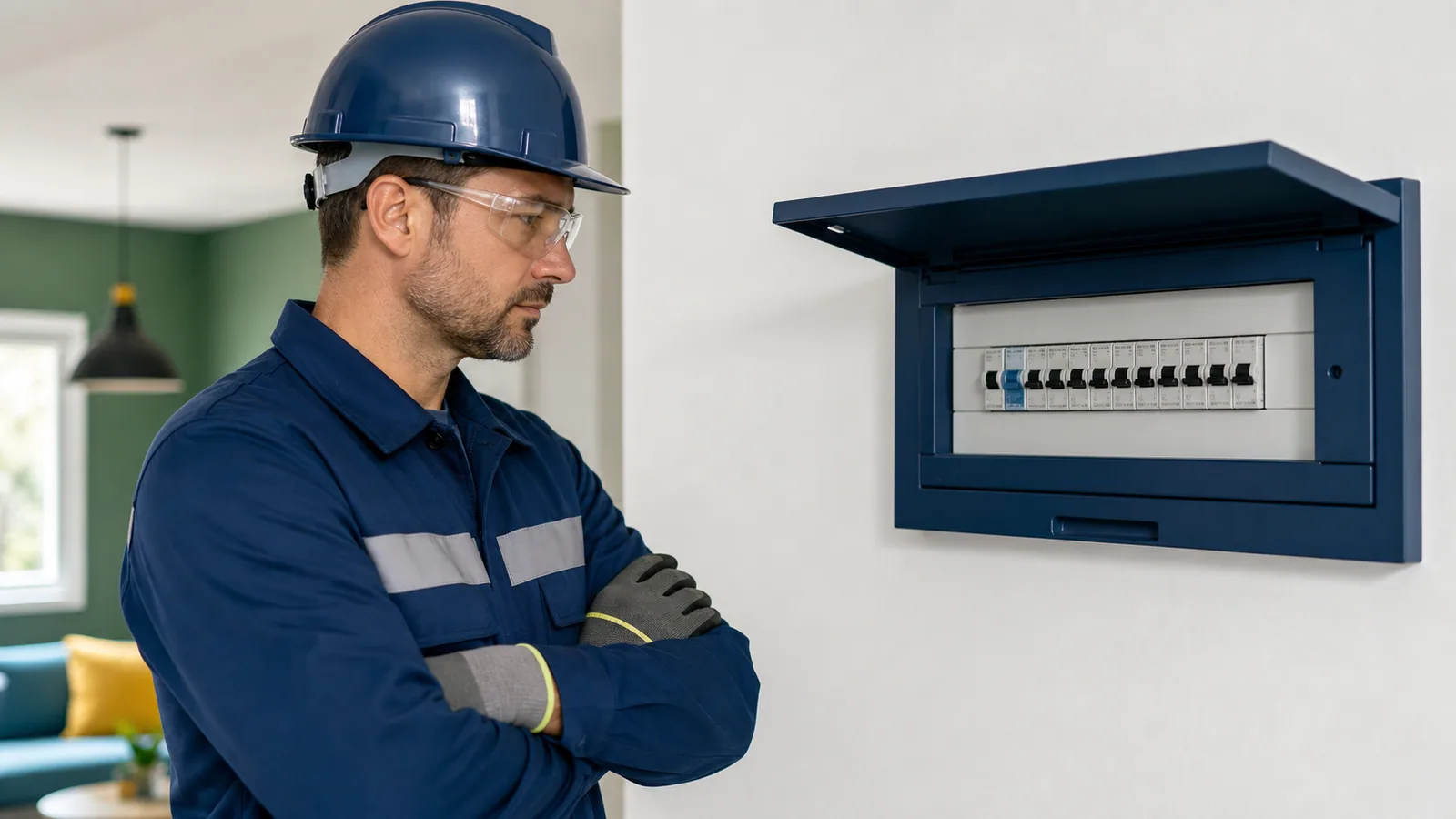 Eletricista com proteção observa quadro residencial com um disjuntor desarmado