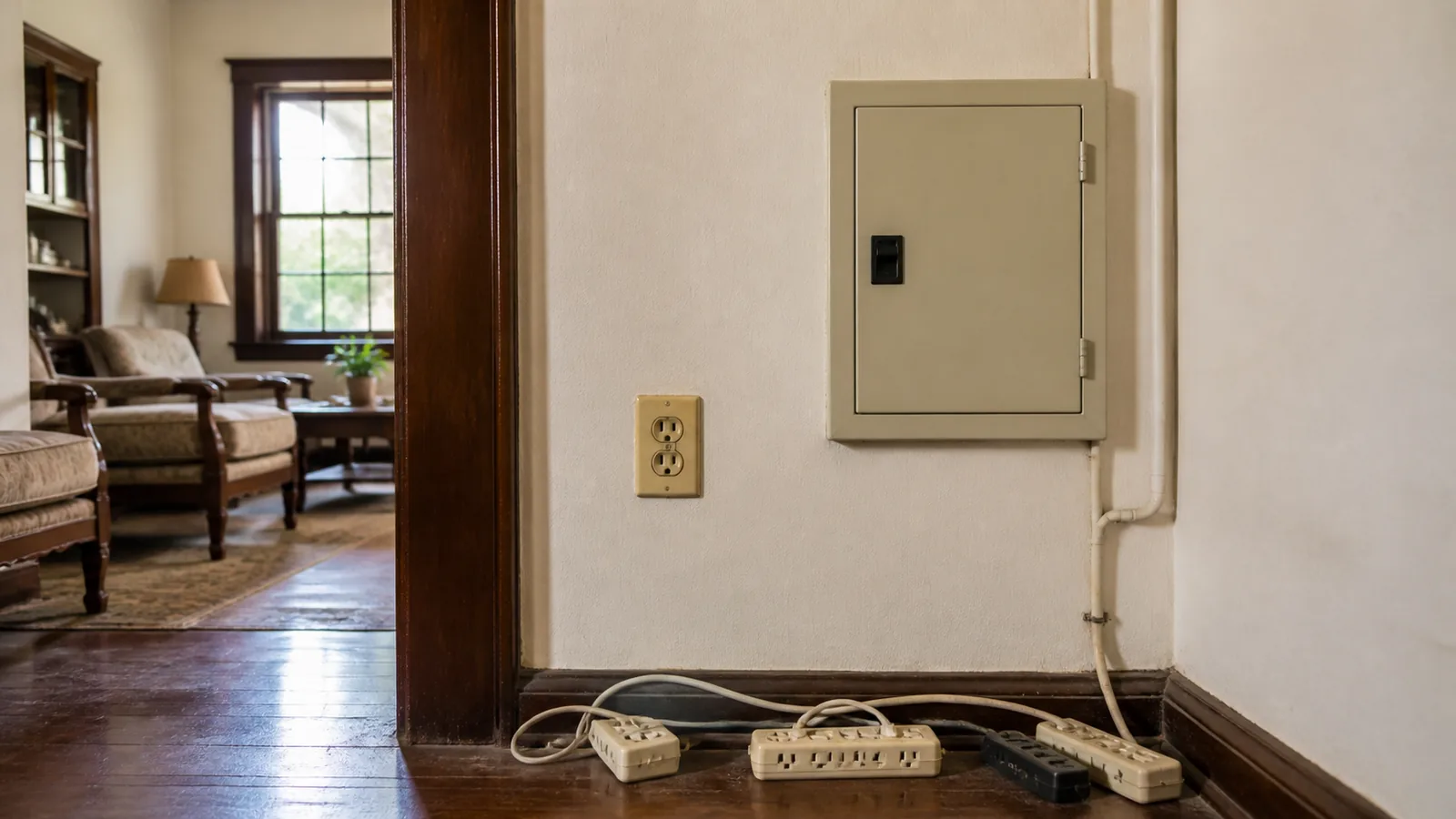 Interior residencial antigo com quadro elétrico fechado, tomada envelhecida e extensões desconectadas