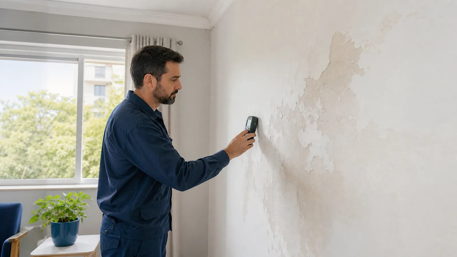 Profissional avalia uma parede com mancha e pintura descascando usando medidor de umidade