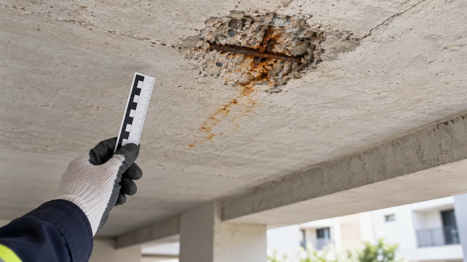 Área localizada de concreto deteriorado na face inferior de laje com armadura aparente e marca de ferrugem