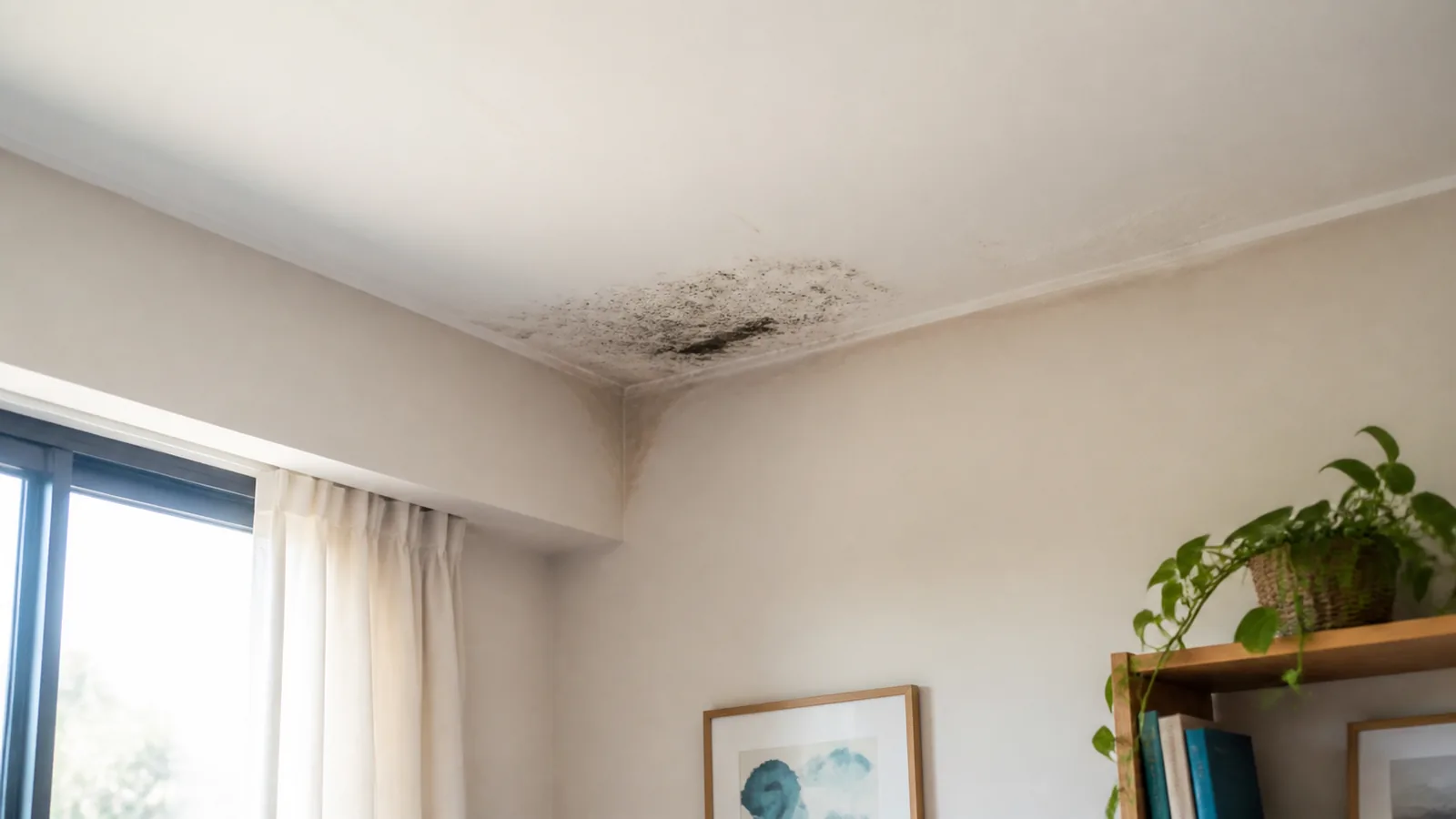 Mofo concentrado no encontro entre teto e parede de um ambiente residencial
