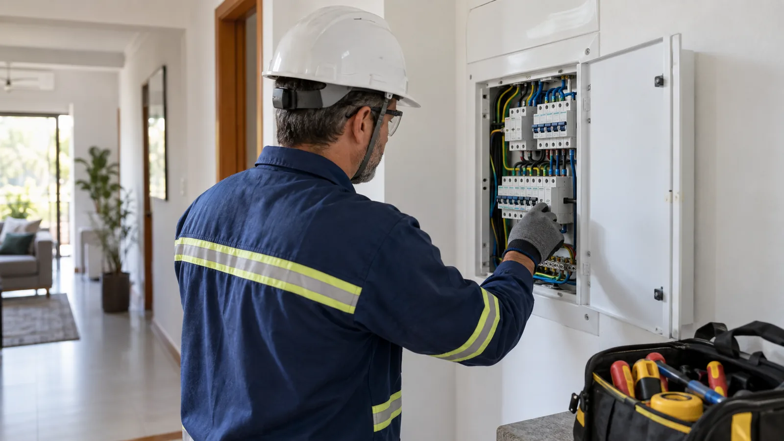 Eletricista com equipamentos de proteção inspeciona quadro de distribuição residencial organizado