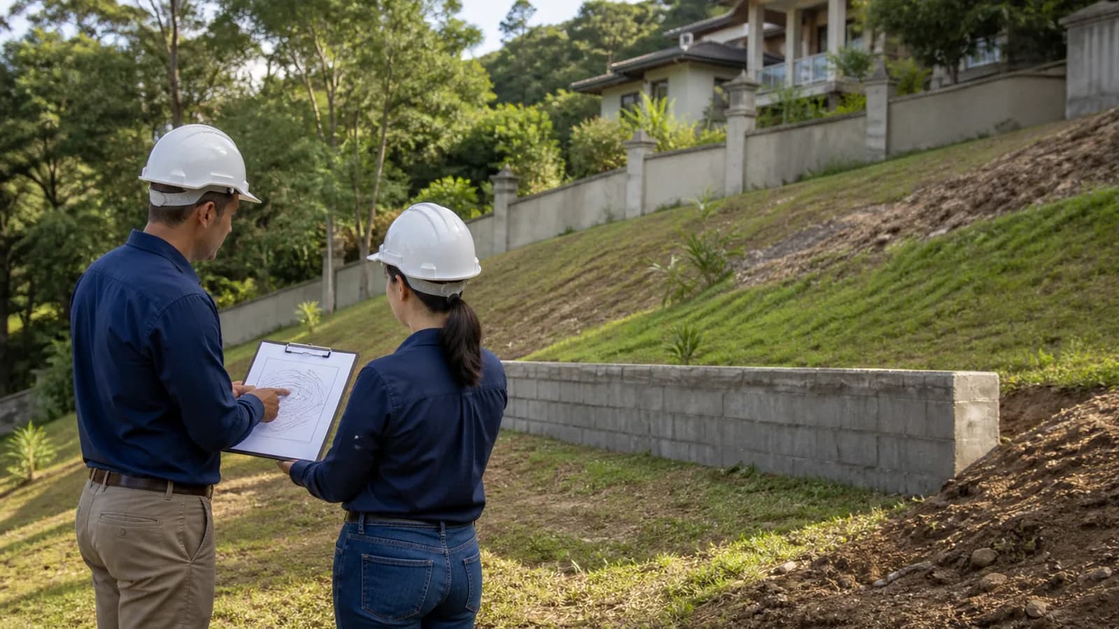 Profissionais avaliando com segurança um terreno inclinado antes de uma obra de contenção