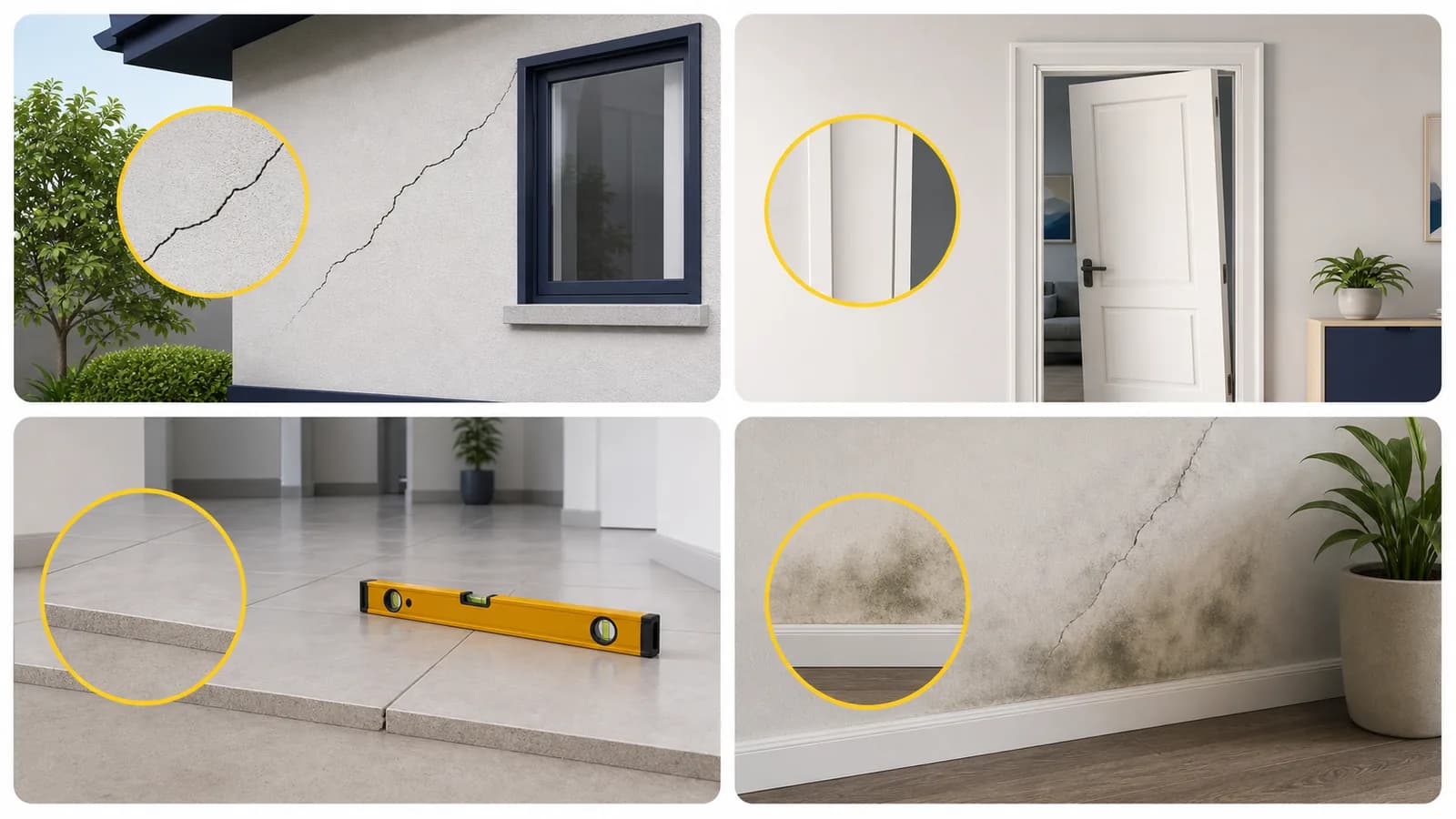 Quatro cenas mostram rachadura diagonal, porta desalinhada, piso desnivelado e parede úmida com trinca