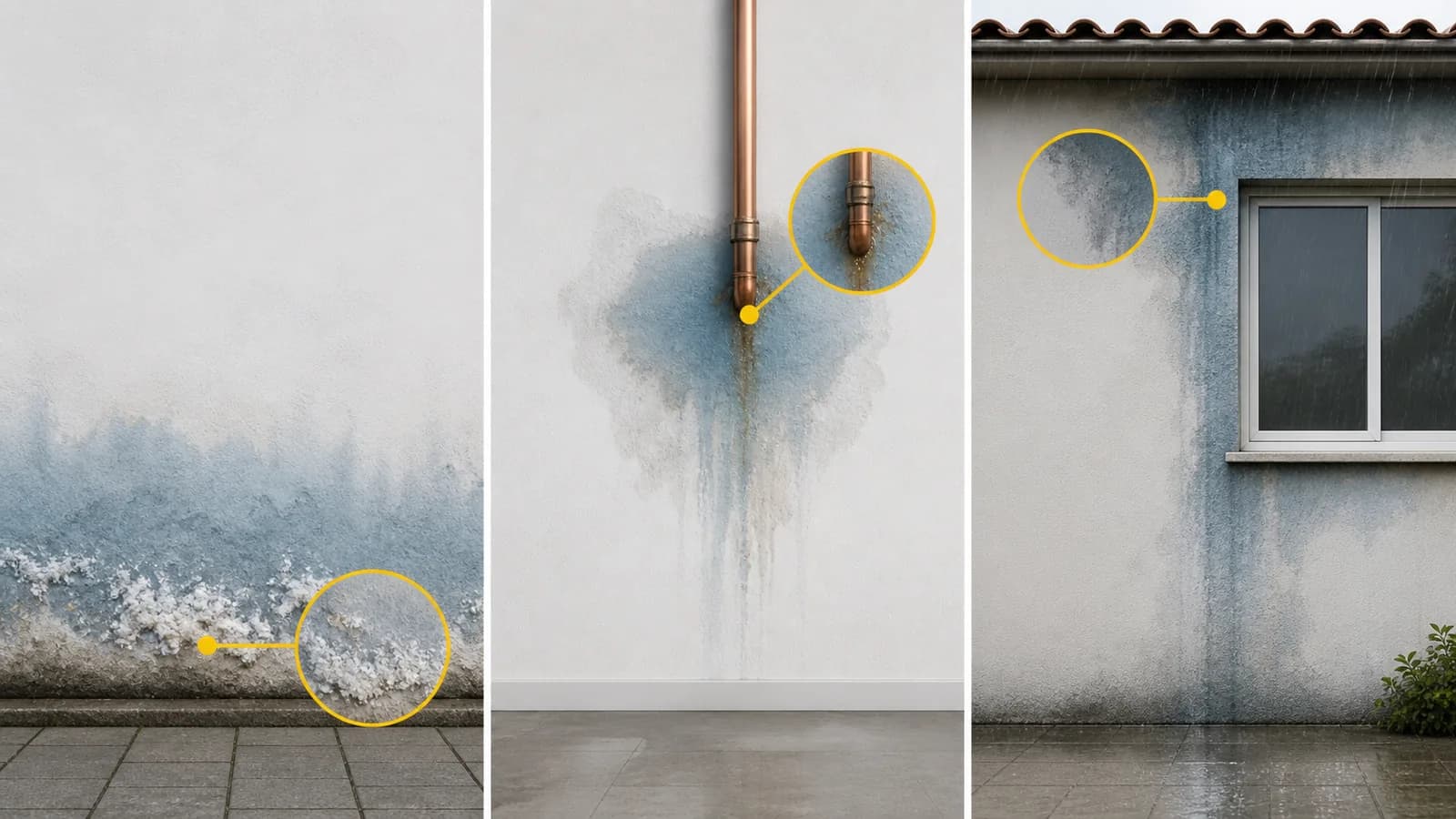 Comparação visual entre umidade na base da parede, vazamento localizado e infiltração de chuva pela fachada