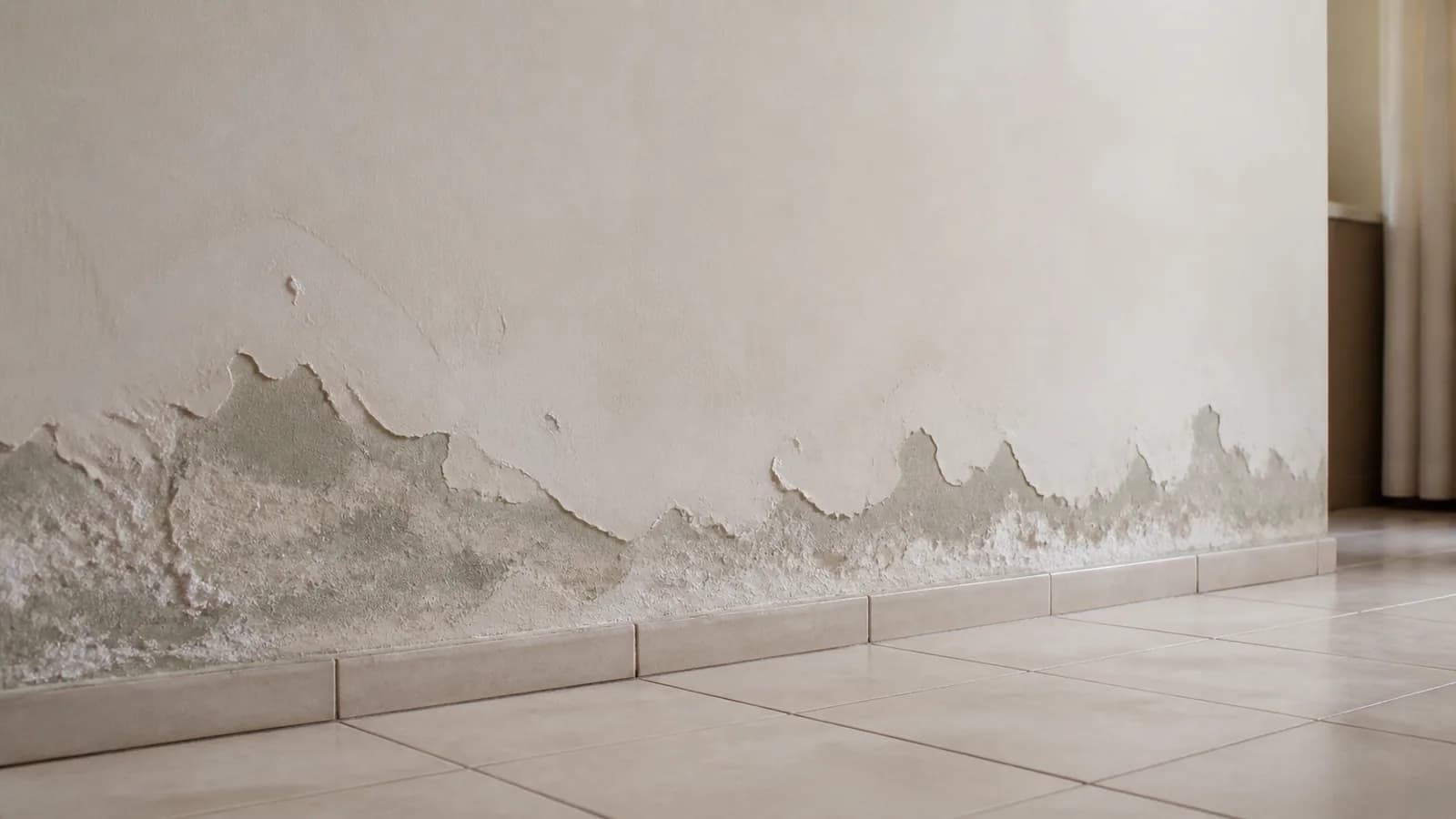 Parede com pintura descascando e marcas esbranquiçadas concentradas junto ao rodapé
